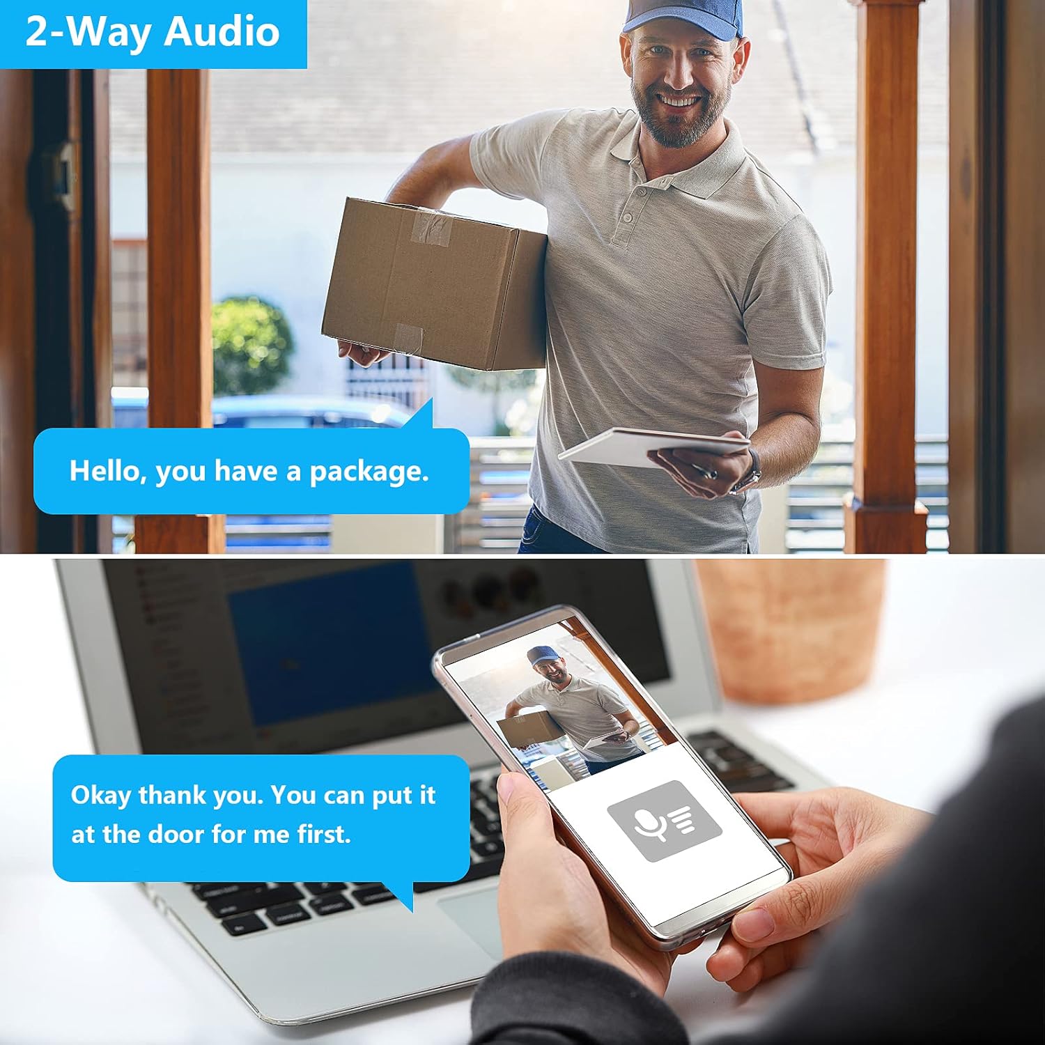 Эки тараптуу аудио функциянын иллюстрациясы, анда камера аркылуу жеткирүүчү менен сүйлөшүп жаткан адам көрсөтүлгөн.