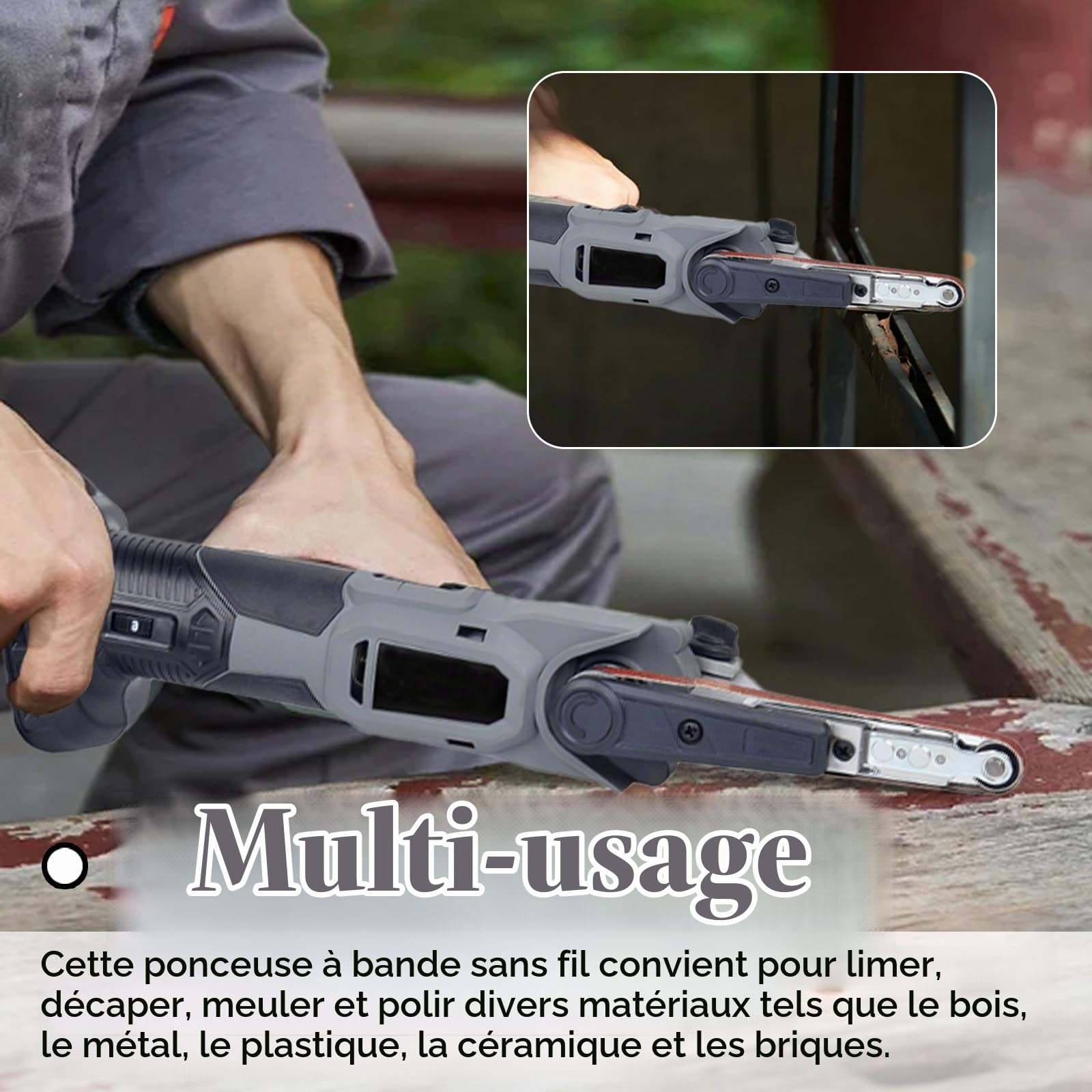 Ponceuse Bande Batterie pour Makita 18V, Ponceuse Sans Fil Sur Multi Ponceuse Lime électrique 10 x 330 mm 3 Bandes Abrasives 6 Vitesses Réglables 35° (Sans Batterie)