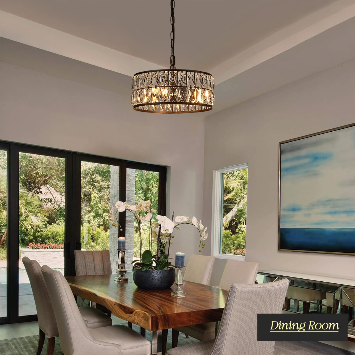 Salaiwei 12� 3-Light Modern Crystal Chandeliers Black Dinning Room Light Fixture, Round Pendant Light Kitchen Island Chandelier, Flush Mount Ceiling Light for Living Room Entryway Bedroom Foyer