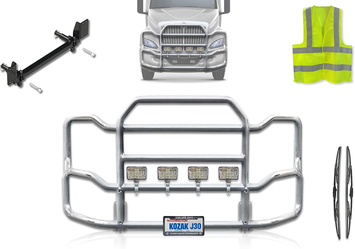 Front Grille Deer Moose Brush Bumper Guard Large Compatible with International RH (Plastic Bumper w/Central Fog Lights) +4X 6” LED Lights, Logo, Wipers, License Plate Holder and Frame, Brackets, Vest