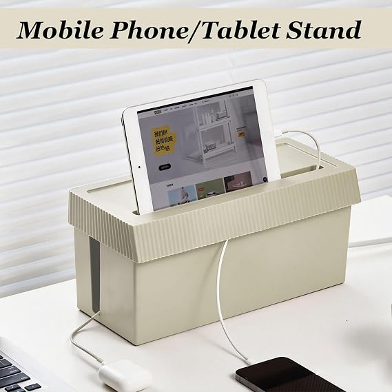 Large Cable Management Box (32 x 14.5 x 15 cm), Thick Plastic Cable Tidy Box with 3-Side Openings & 5 Straps + 3 Clamps, Spacious Cord Organizer for Double Power Strips, Home Office Desk (Cream)