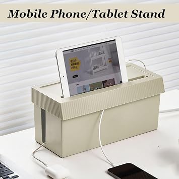 Large Cable Management Box (32 x 14.5 x 15 cm), Thick Plastic Cable Tidy Box with 3-Side Openings & 5 Straps + 3 Clamps, Spacious Cord Organizer for Double Power Strips, Home Office Desk (Cream)
