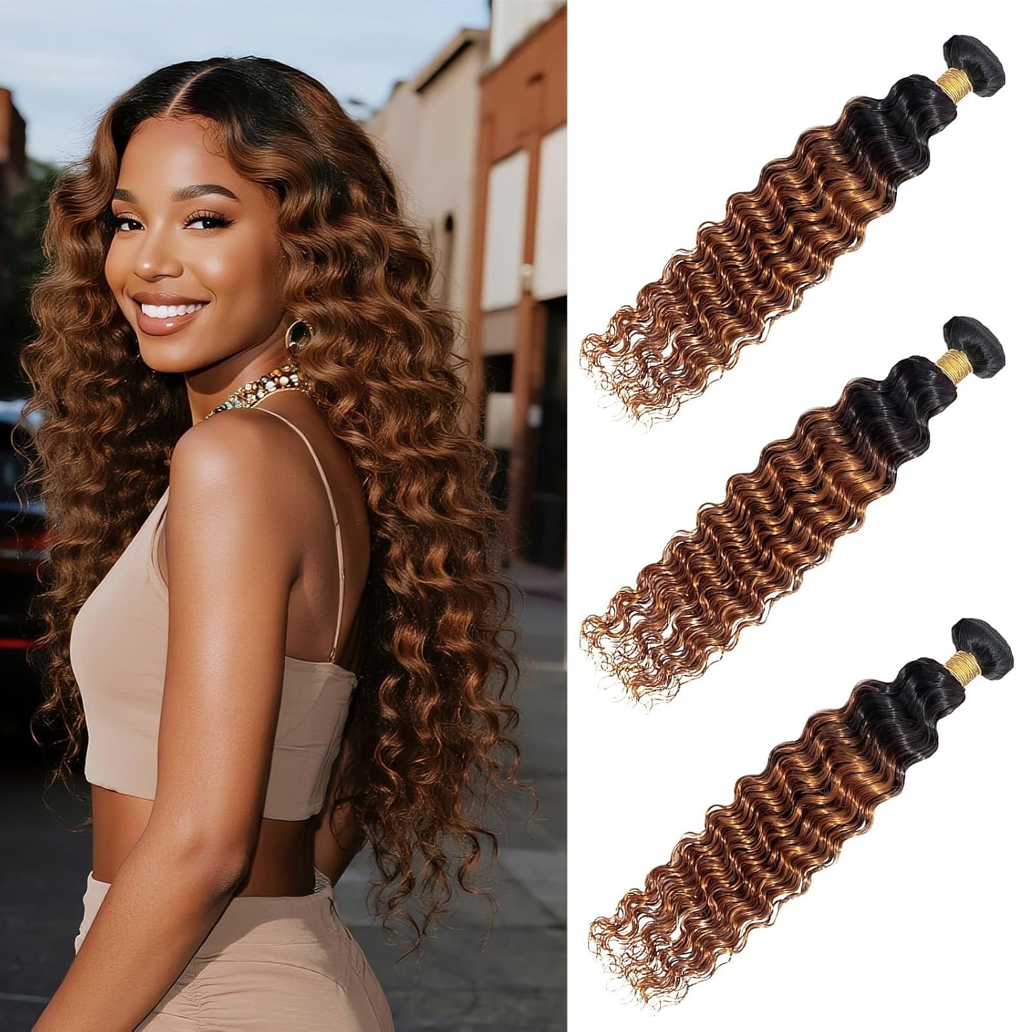 Deep Wave Human Hair Bundles 22 24 26 Inch 3 Bundles Ombre Brown Highlight T1B/30 Soft Tight Bouncy Full Hair Extensions for Women