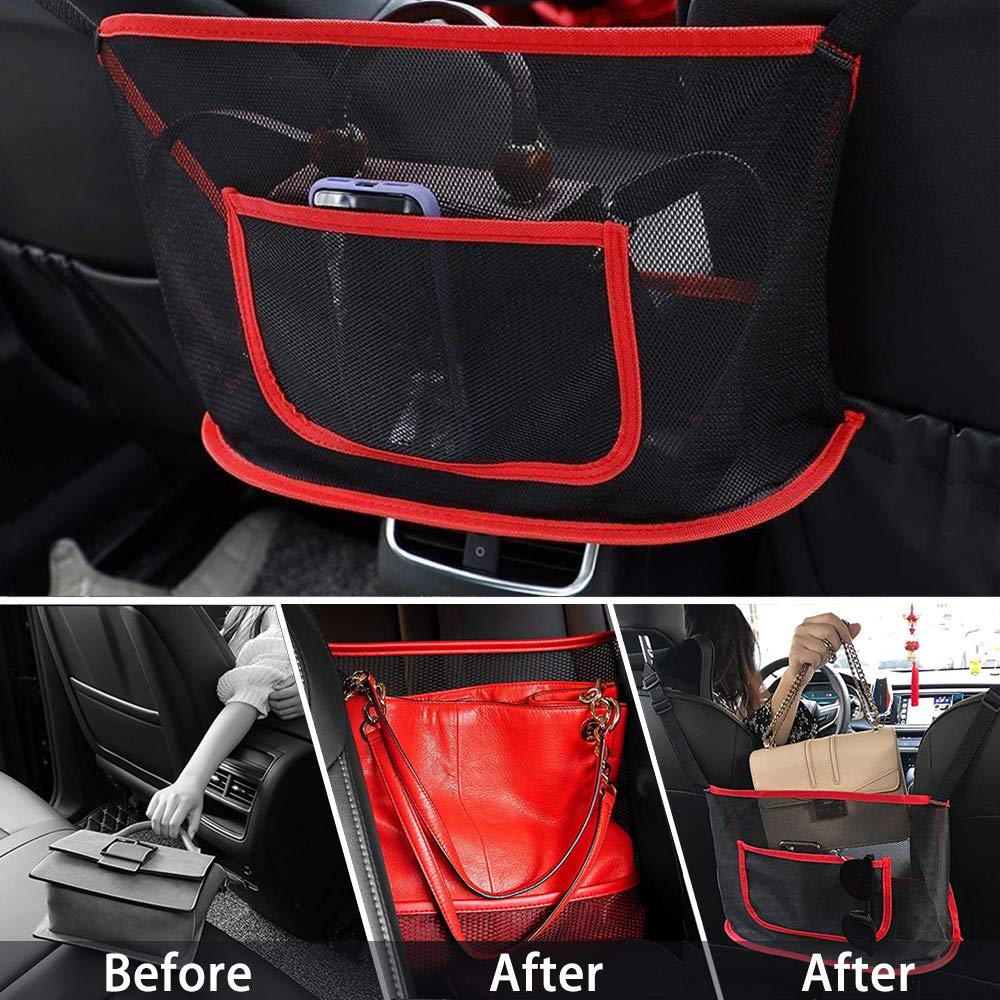 MMYLU Car Net Pocket Handbag Holder Between Seats, Car Net Pocket Handbag Holder,Car Mesh Organizer,Car Backseat Organizer,Car Seat Organizer,Seat Back Net Bag,Handbag Holder for Car (Red)