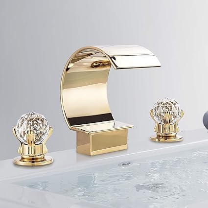 FUZ Polished Gold High Arc Waterfall Spout Bathroom Sink Faucet Dual Crystal Knobs Widespread 3 Holes Vanity Basin Mixer Tap Bathtub Filler Faucet