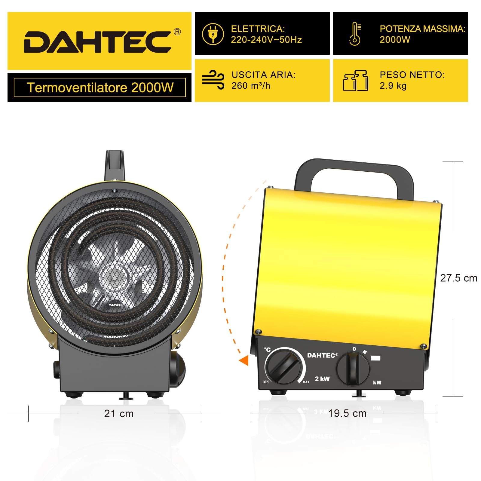 2000 W Termoventilatore Industriale Stufetta Elettrica Portatile | Riscaldatore Elettrico con Termostato & Ventilazione, Protezione da Surriscaldamento - Officina e Garage (Giallo)