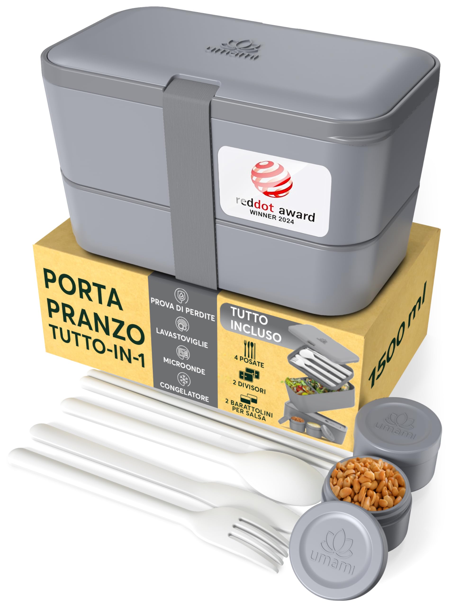 Umami Porta Pranzo Lunch Box Impilabile Con 4 Scomparti E Posate, Sicuro Per Microonde, Lavastoviglie, Portapranzo Ufficio Bento Lunchbox Ermetico Per Adulti Schiscetta Pranzo, Carbone Grigio, 1500 ml