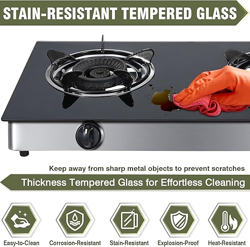 Miniatura 5 de Placa de cocina de gas propano de 2 quemadores, estufa portátil de doble quemador de vidrio templado con encendido automático, 19,000 BTU, regulador