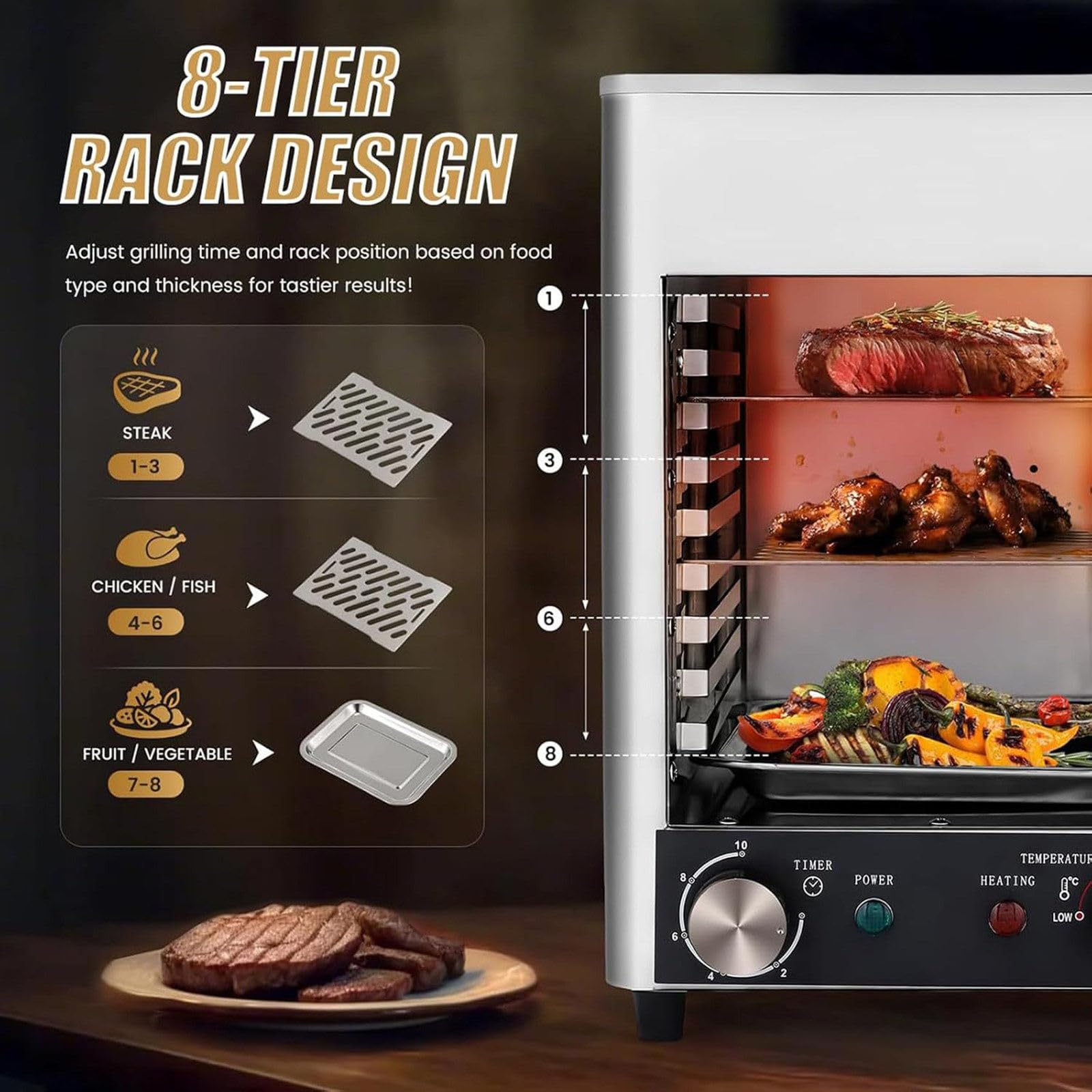 Parrilla eléctrica para carne, horno portátil de encimera, parrilla eléctrica sin humo, horno eléctrico comercial con temporizador de 10 minutos y ajuste de temperatura de 1,472.0 °F, horno 2