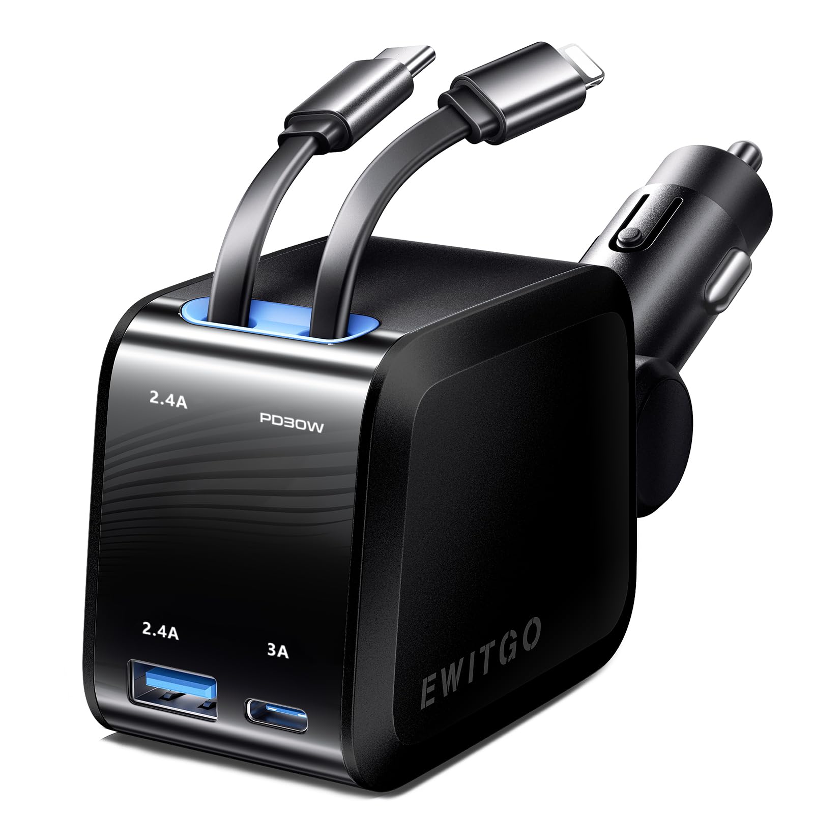 Retractable Car Charger, Car Accessories, 69W Fast Charging USB C Car Charger with 4FT Retractable Cables and 2 Ports, for iPhone 16 15 14 13 12, Samsung etc Black