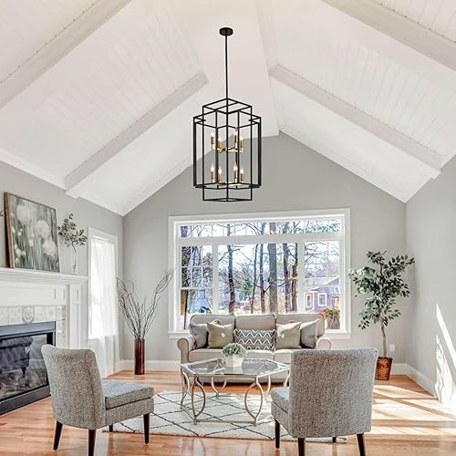 Miniatura 4 de WJShome Lámpara colgante de 8 luces, farol escalonado, lámpara colgante industrial de granja para vestíbulo, sala de estar, cocina, isla (negro y