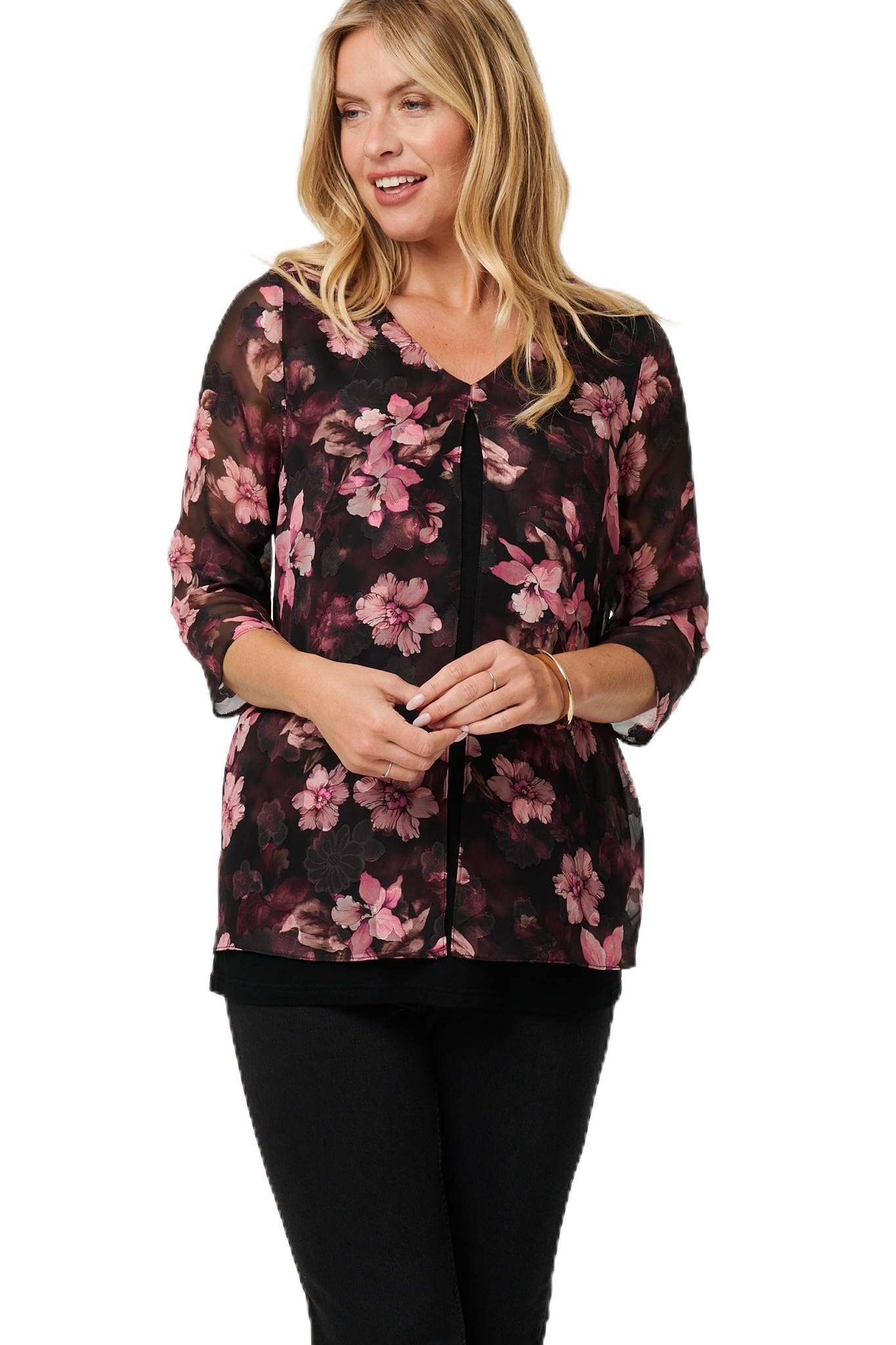 Izabel London Women's Black Floral 3/4 Sleeve Sheer Layered Blouse In | Size: 8