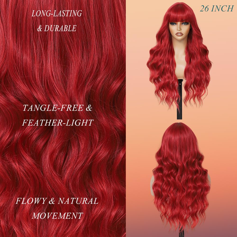 Red Wig with Bangs for Women 26 Inch Long Wavy Curly Hair