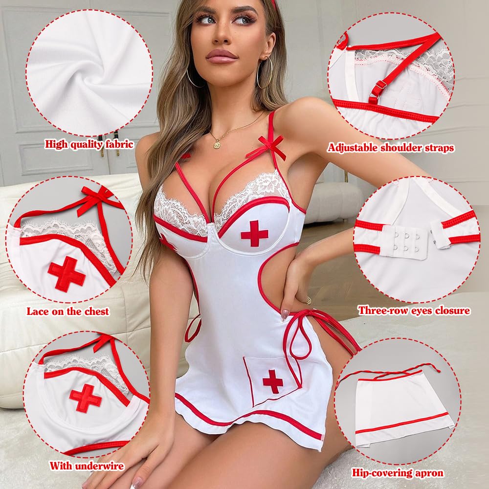 VicSec Ensemble De Lingerie Sexy Pour Femme Tenue D'infirmière Body Nuisette Costume Érotique Robe En Maille Fendue Cosplay Jupe Creuse Uniforme De Club Jeu De Rôle Vêtements De Nuit Père Noël