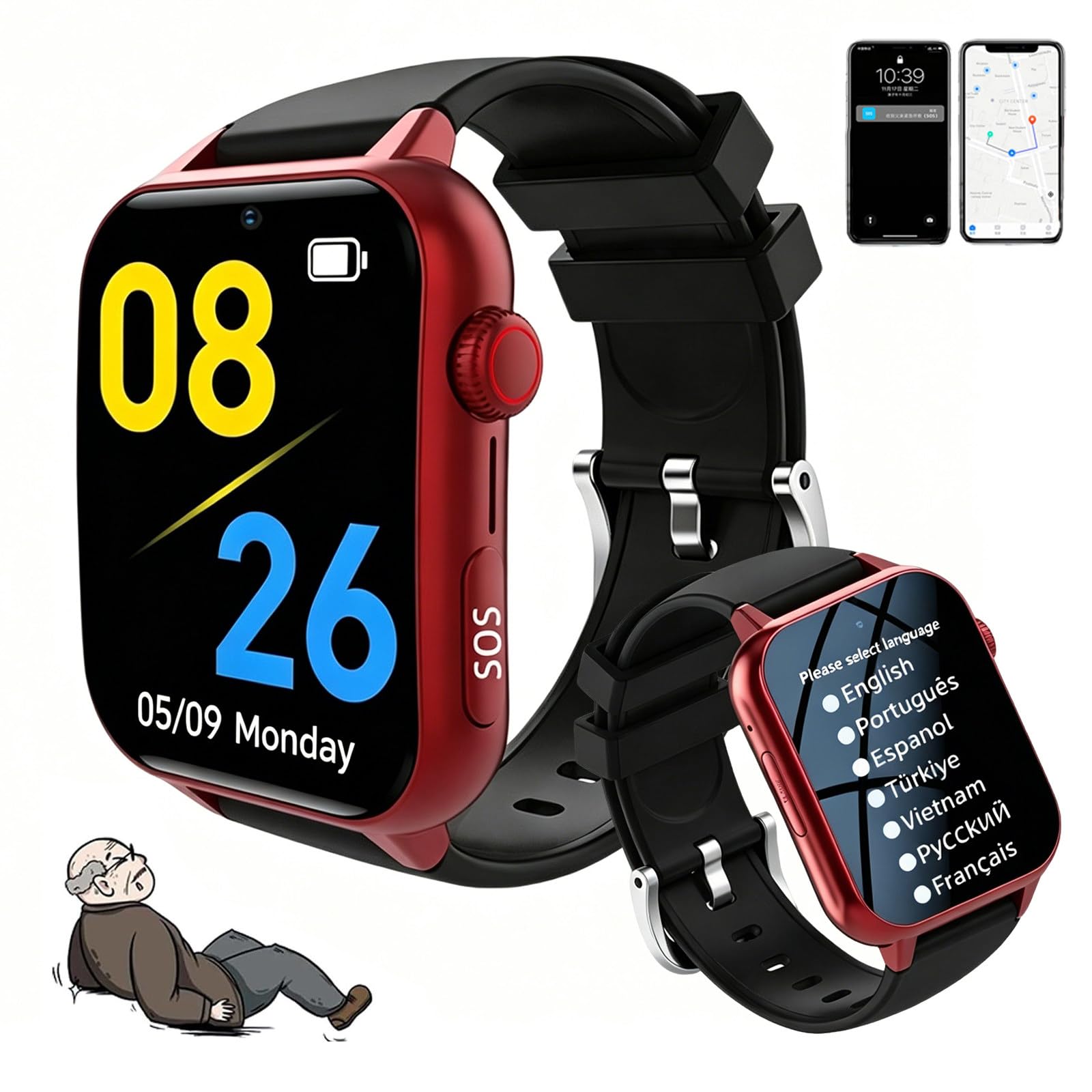 Mothdust Orologio Rilevamento Cadute Anziani Smartwatch IP67 Impermeabile Localizzatore GPS Allarme SOS Cardiofrequenzimetro Promemoria Farmaci Braccialetto Per Alzheimers(Red)