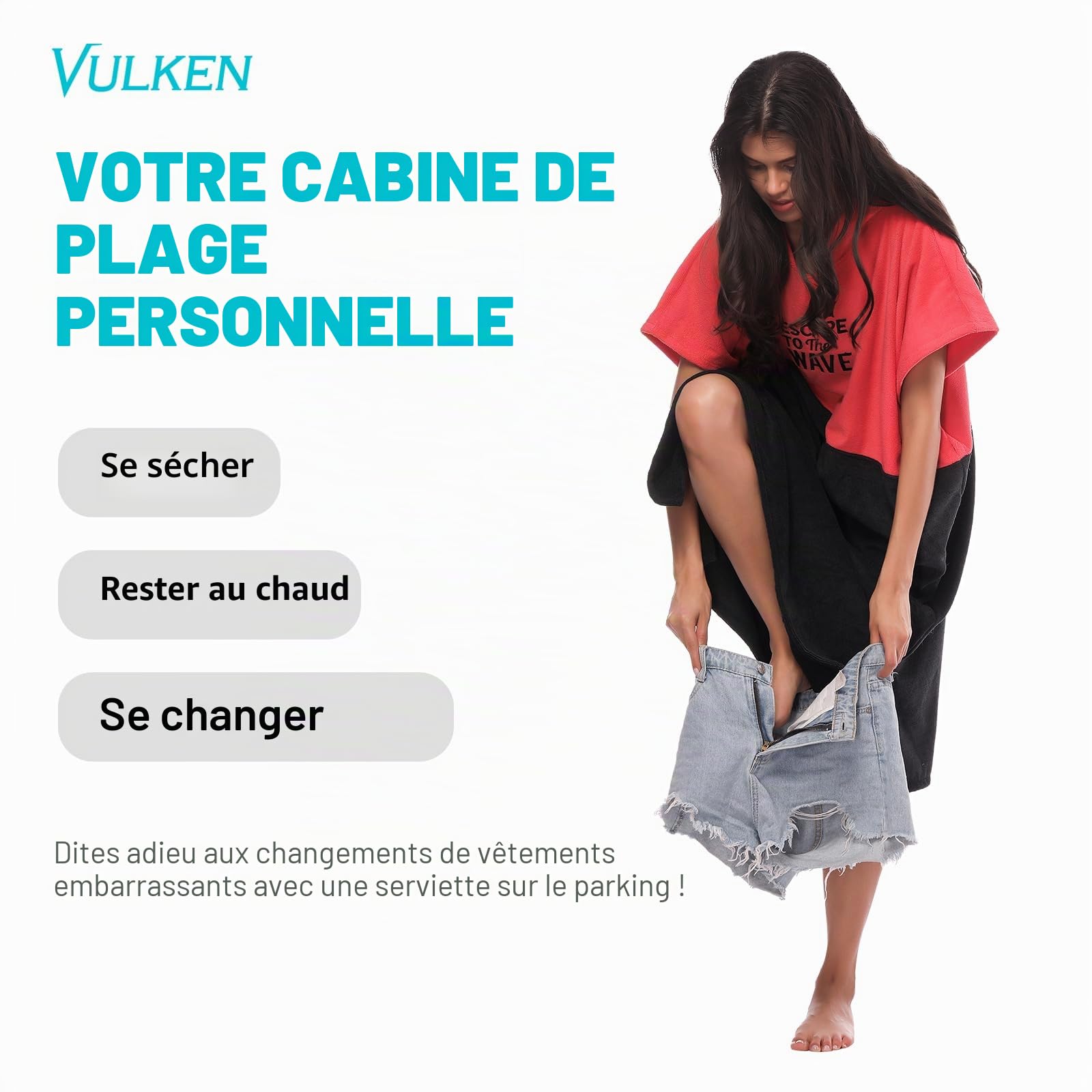 Vulken Peignoir de bain/poncho à capuche Extra Large Pour femme et homme En Microfibre Pour Plage Piscine Lac Parc aquatique, Gris noir - L/XL., L-XL