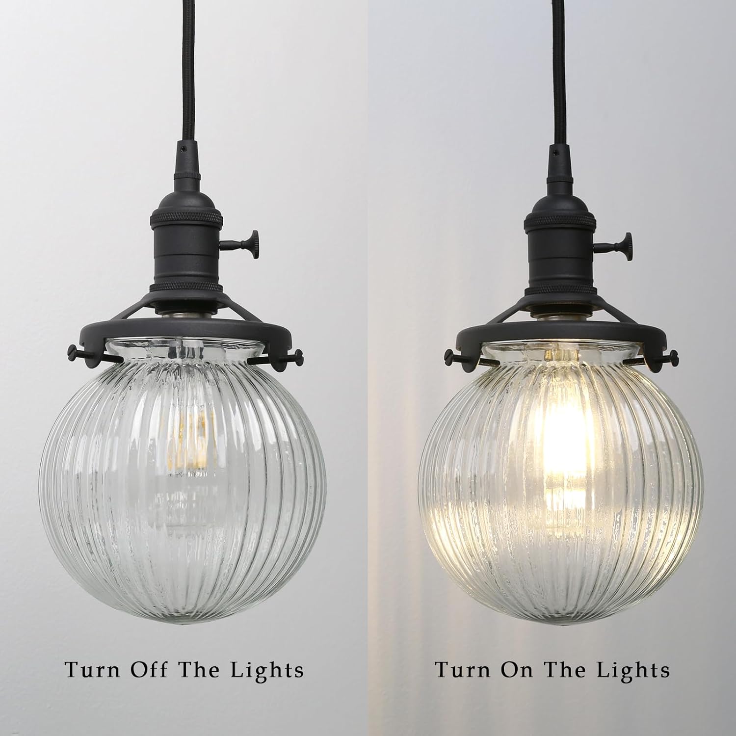 Phansthy Kitchen Island Lighting, 3 Lights Linear Chandeliers, Hanging Light with 5.9" Globe Striped Glass Shade, 3-Light Pendant Light Fixtures for Dining Room Farmhouse (Black, Long Base)