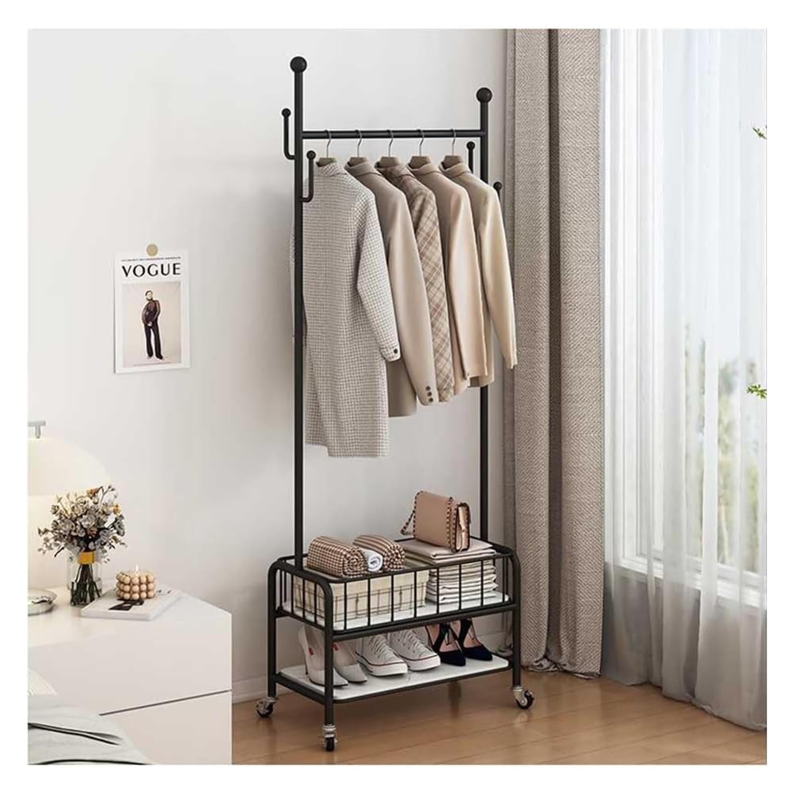 YNBSHGAA Clothes Rail Garment Rack Rolling Clothes Rack With Storage Basket, Freestanding Metal Clothing Rack With 2-Tier Storage Racks Garment Coat Rack With Wheels For Clothes,Black-100x30x175cm