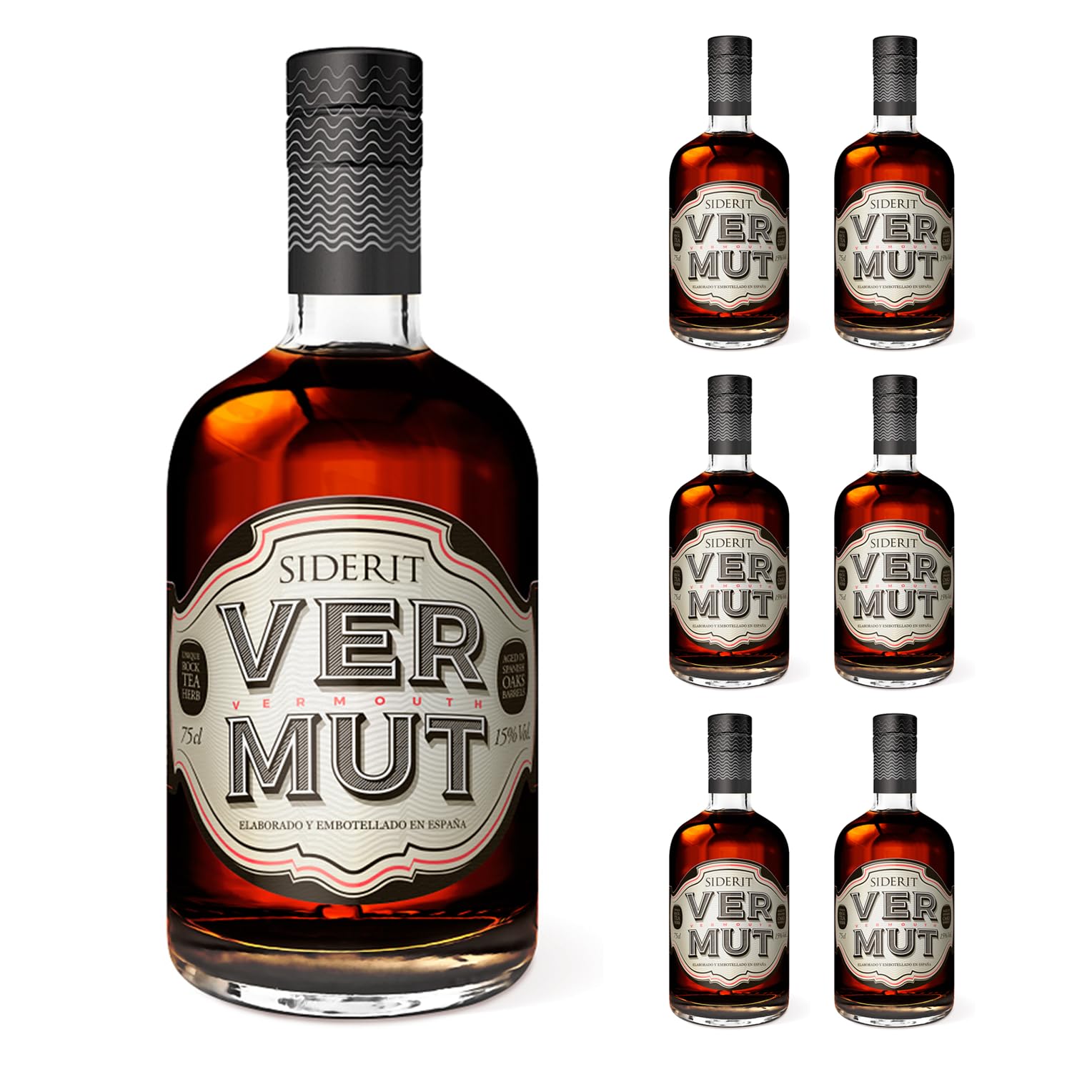 SIDERIT Vermut Premium sin azúcares añadidos, 15% Vol, botella de 750ml, pack de 6 unidades, macerado 18 meses con hierbas y flores, envejecido en barricas de jerez. Sabor equilibrado y persistente