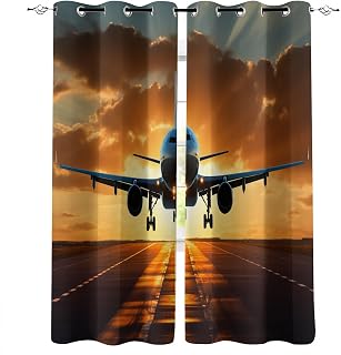 Transport Aircraft Blackout Window Curtains 108 inch Long 2 Panels Sunset Airport Landscape Black Out Curtains Thermal Insulated Grommet Window Drapes for Bedroom Living Room Kitchen, 52Wx108L