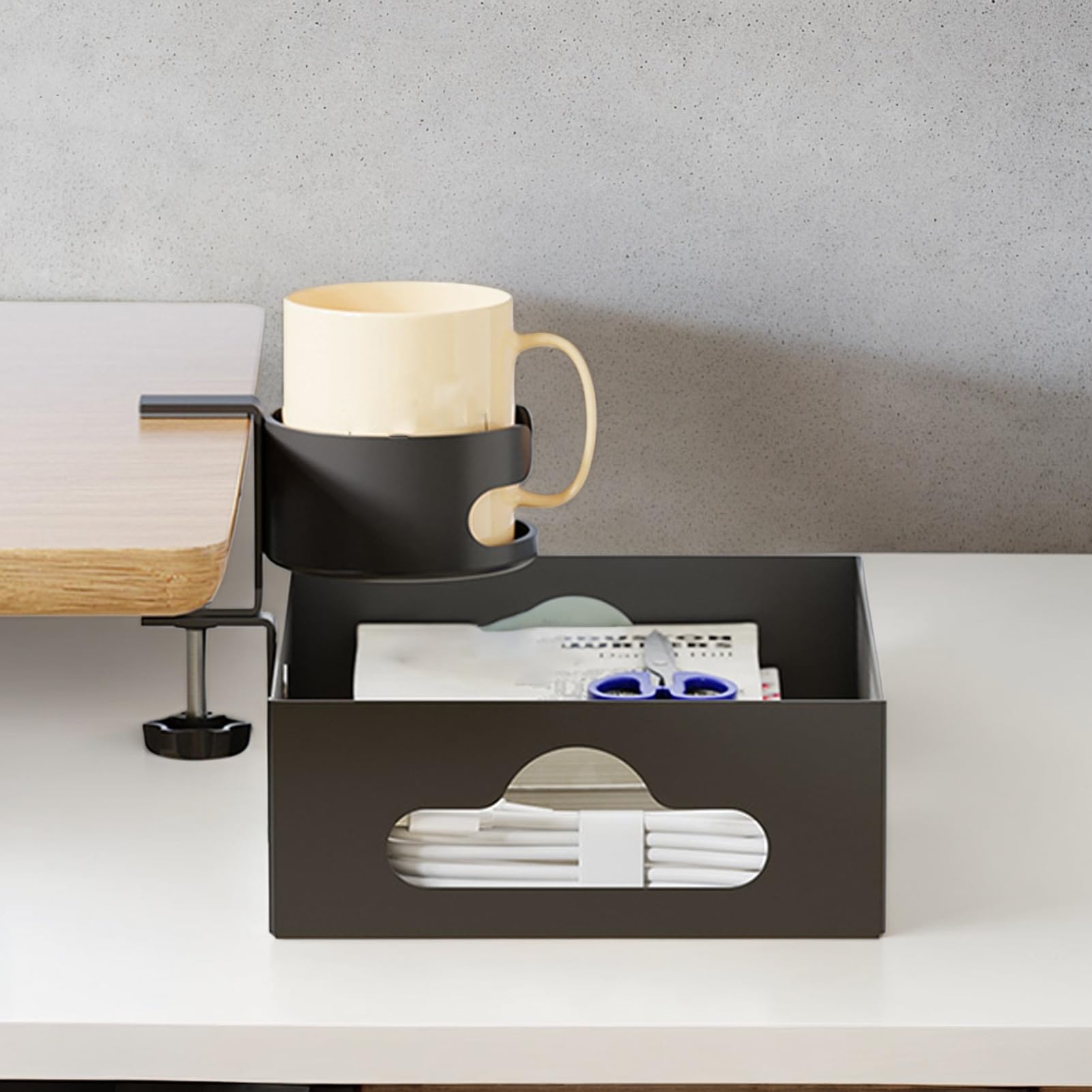Generisch Under Desk Organizer, Storage Drawer, Rotating Stationery Shelf, Built-In Cup Holder, Ideal for Space Saving Desk Solution, 10.31x7.68x2.95 pulgadas, Black Color, 1 Set