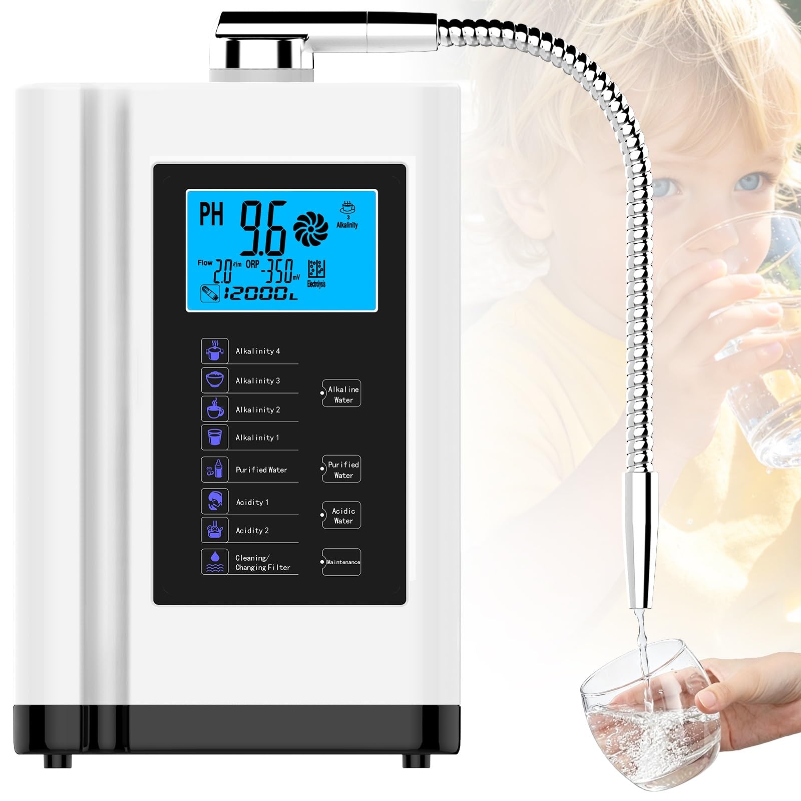 Ionizzatore per Acqua alcalina LCD da 3,8 Pollici, purificatore PH3,5-10,5, Filtro per Acqua Potabile alcalina acida Domestica, 8000 Litri per Filtro, Comando vocale Intelligente(White)
