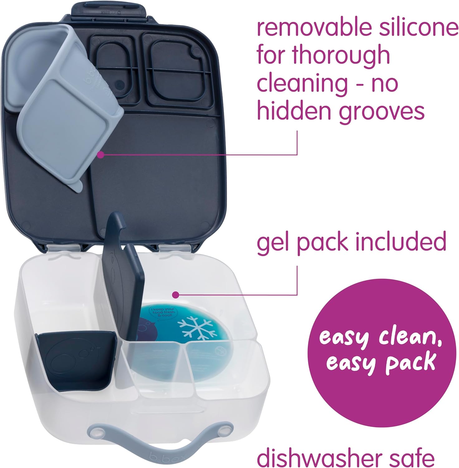 b.box Lunch Box for Big Eaters All Ages - 8.5 Cup Leak Proof Bento Box with 4 Compartments, School Lunch Container with Ice Pack, Dishwasher Safe, BPA-Free, PFAS-Free - Midnight
