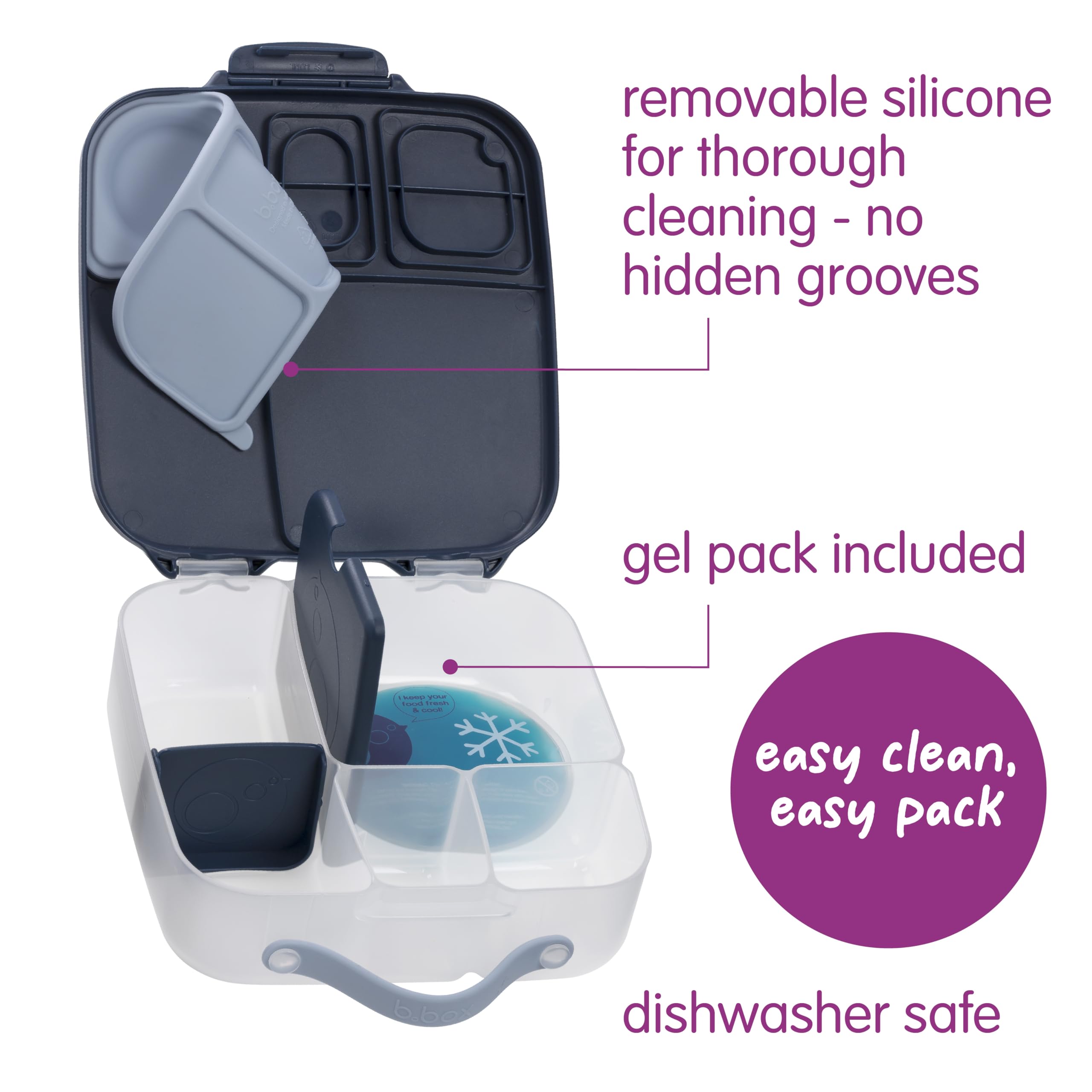 b.box Porta Pranzo Jumbo a 4 Scomparti (2 a Prova di Perdite), Lunch Box con Divisorio Rimovibile | Bento Box con Ghiacciolo | Ideale per la Scuola | Da 3+ | Capacità 2L
