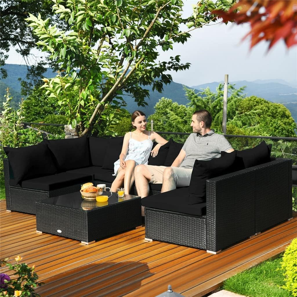 7PCS Patio Rattan Sofa Set Sectional Conversation Furniture Garden Black Comfortable