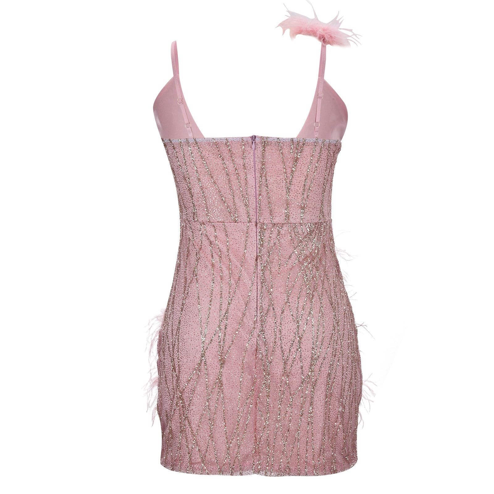 Abito da festa da donna con piume, sexy, abito da ballo, corto, con scollo a V, abito da cocktail da donna, elegante, con temperamento radioso, da donna, slim fit, mini abito a tunica