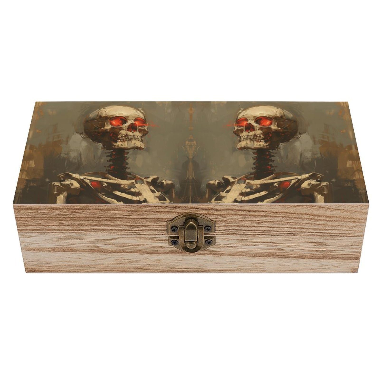 HLBSDM Vintage Wooden Storage Box Skeleton with Red Eyes Keepsake Box for Jewelry Photos Letters Elegant Desktop Organizer for Home Office Decor