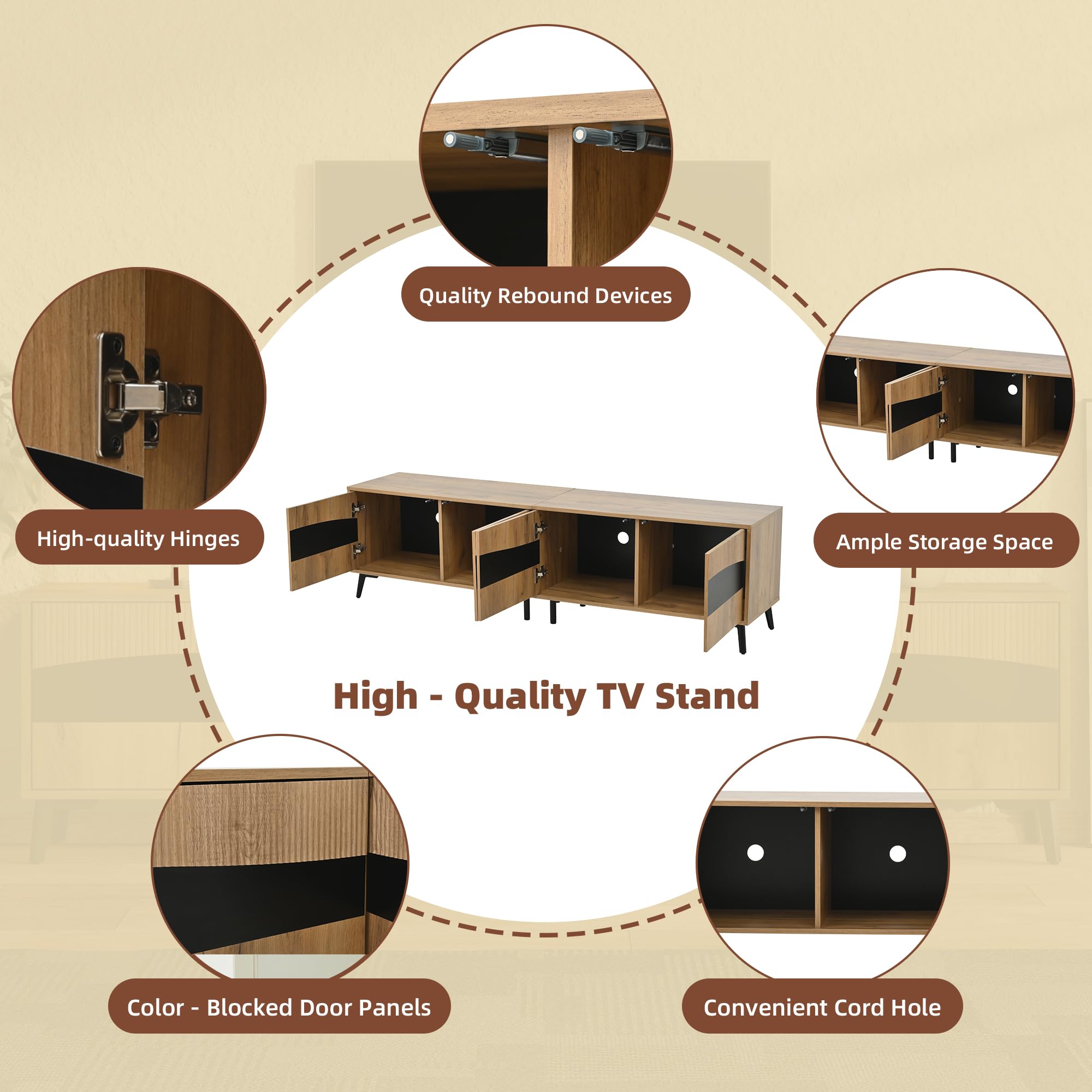 Mueble para televisión, 180 x 40 x 50 cm, color madera + soporte para TV de empalme negro, armario de TV con 4 armarios, armario de salón con 8 patas de apoyo, capacidad de carga recomendada 30