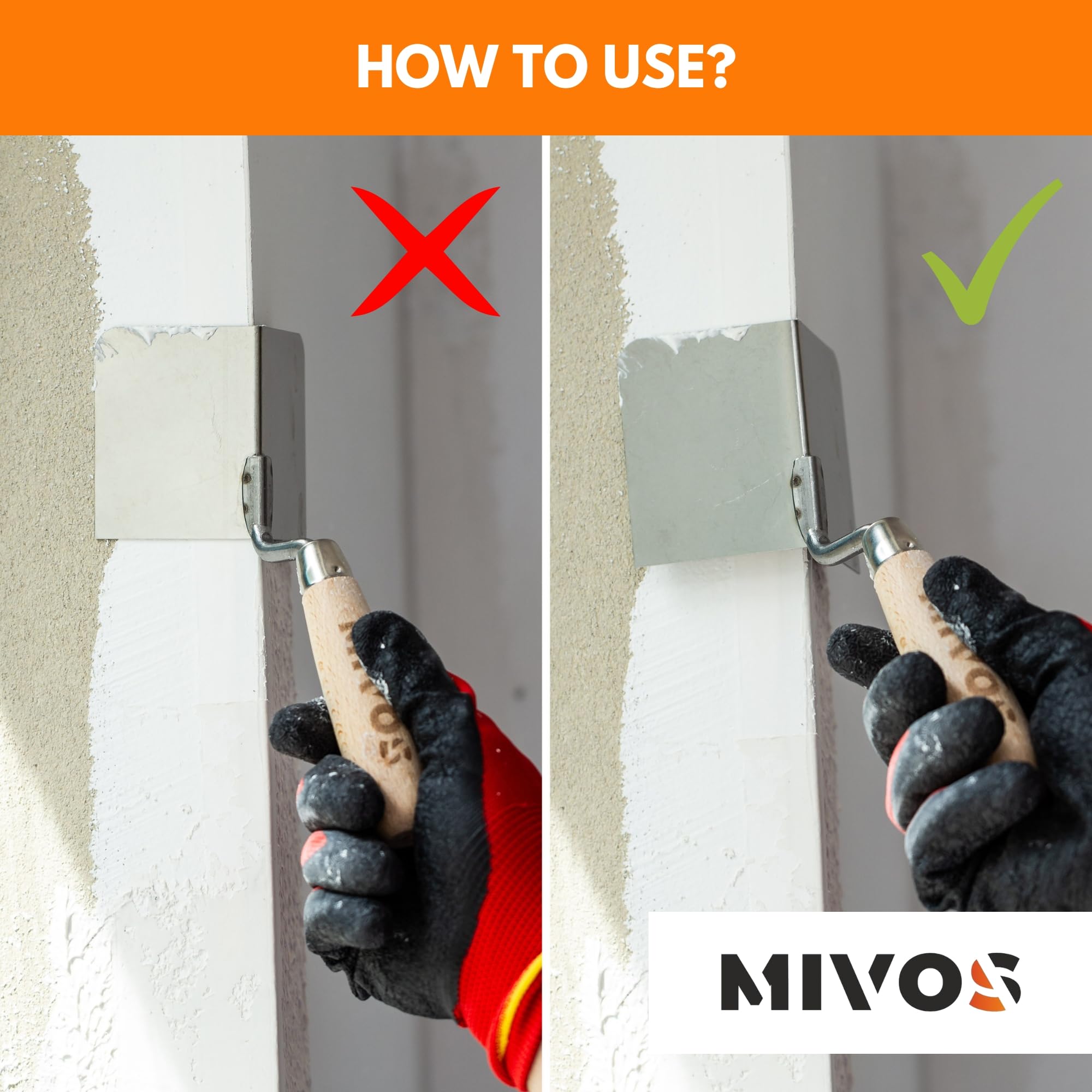Mivos 2 x kielnia narożny ze stali nierdzewnej 80 x 60 mm – kielnia wewnętrzna i zewnętrzna – do wewnątrz i na zewnątrz z drewnianym uchwytem – szpachelka Made in