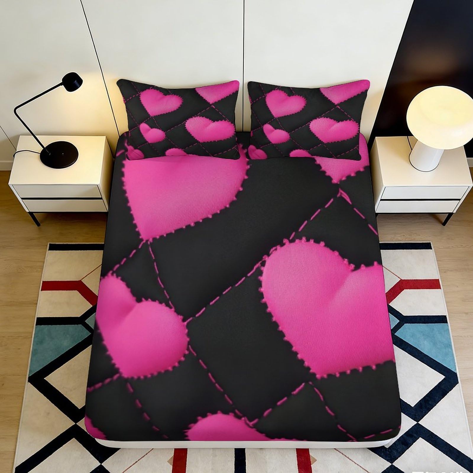 3D Printed Pink Heart Pattern Fitted Sheet Microfiber Soft Durable Black Patchwork Bed Cover for Bedroom Dormitory Guest Room Mattress Protection 200x200x25cm