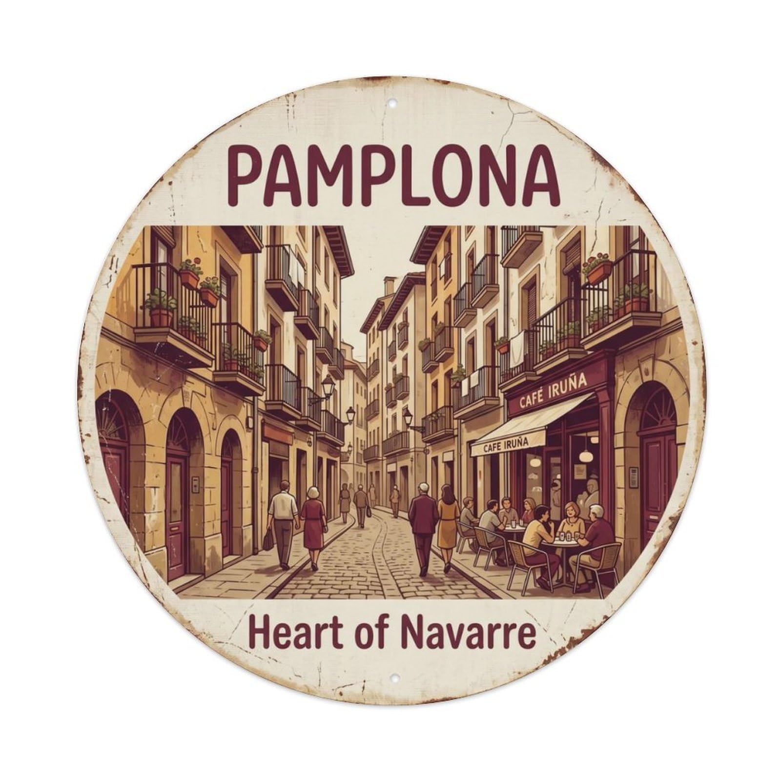 Fqcyn Style Vintage Travel Pamplona Oldtown Streets Metal Tin Sign Plaque Wall Decor For Cafe, Club Bar, Office, Home Garden Round Metal Poster 8X8inch