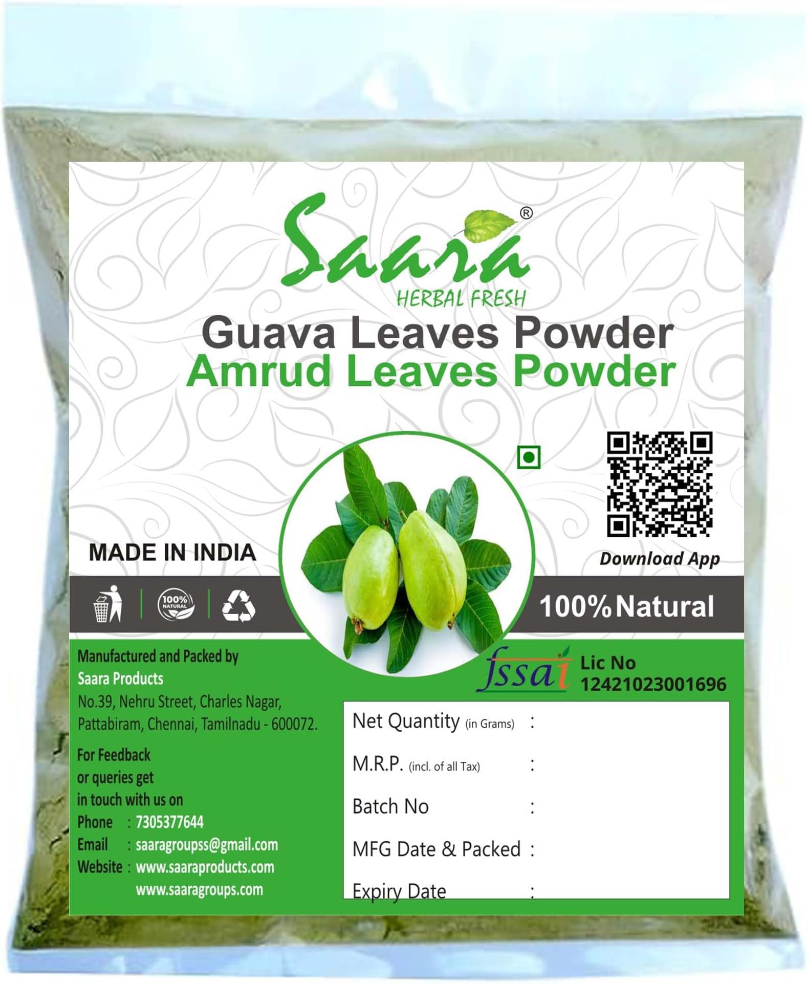 Saara HERBAL FRESH Guava Leaves Powder,100g, Amrood Patti, Churna Koiya ilai, Psidium Guajava, Guava leaf Powder,(pack of 1 x 100g)