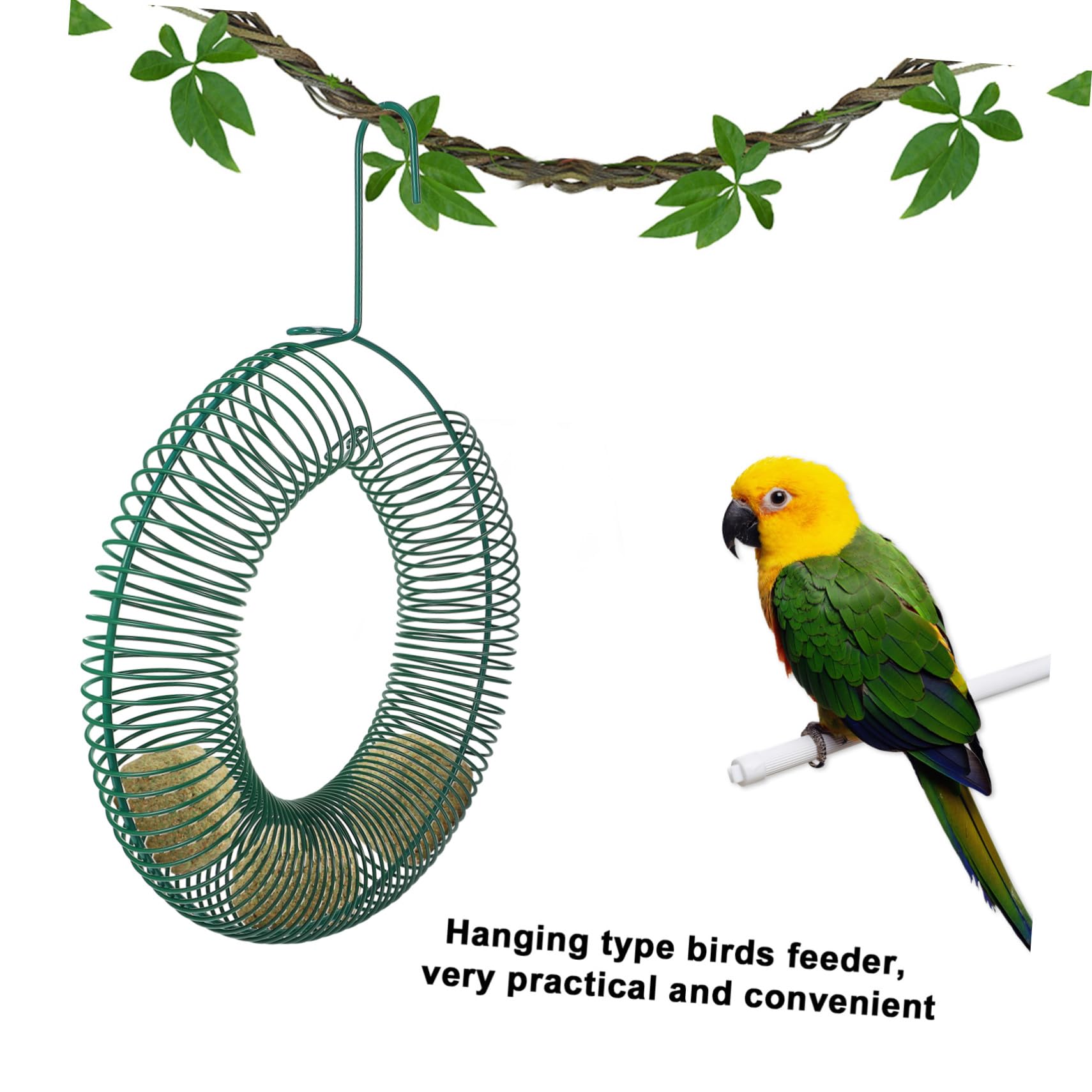 WOONEKY Mangeoire à Oiseaux Suspendue en Fer Solide Ressort De Boule Verte, Outil d'alimentation Pratique pour Jardin Extérieur, Support Alimentaire Polyvalent pour Perroquets Et Oiseaux Sauvages