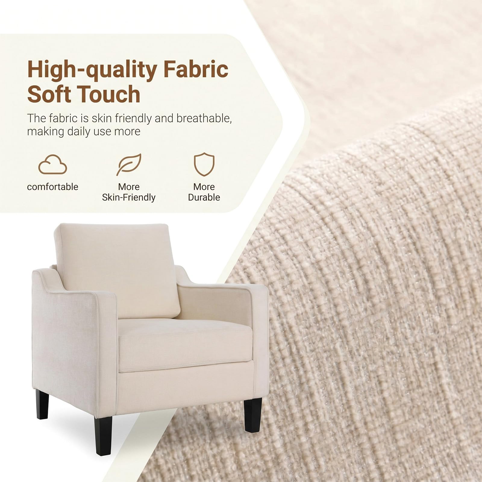 Clevich Sessel Gepolstert, Loungesessel aus Chenille, Mid-Century-Akzentstuhl, Polstersessel mit Armlehnen, Ohrensessel für Schlafzimmer, Fernsehsessel für Wohnzimmer, Komfort (1pc, Beige)