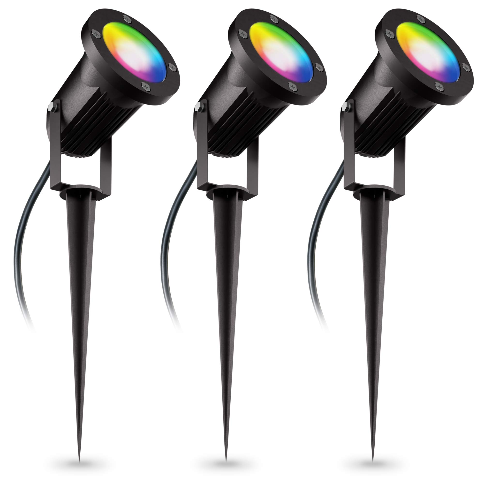 linovum CARI Gartenstrahler 3er Set Erdspieß Smart GU10 WLAN RGBW IP65 2m | Drei Erdspießstrahler mit Smart-Licht - per App steuerbar, RGB-Farblicht, für Beete & Terrasse, 2m Kabel, IP65, inkl. LED