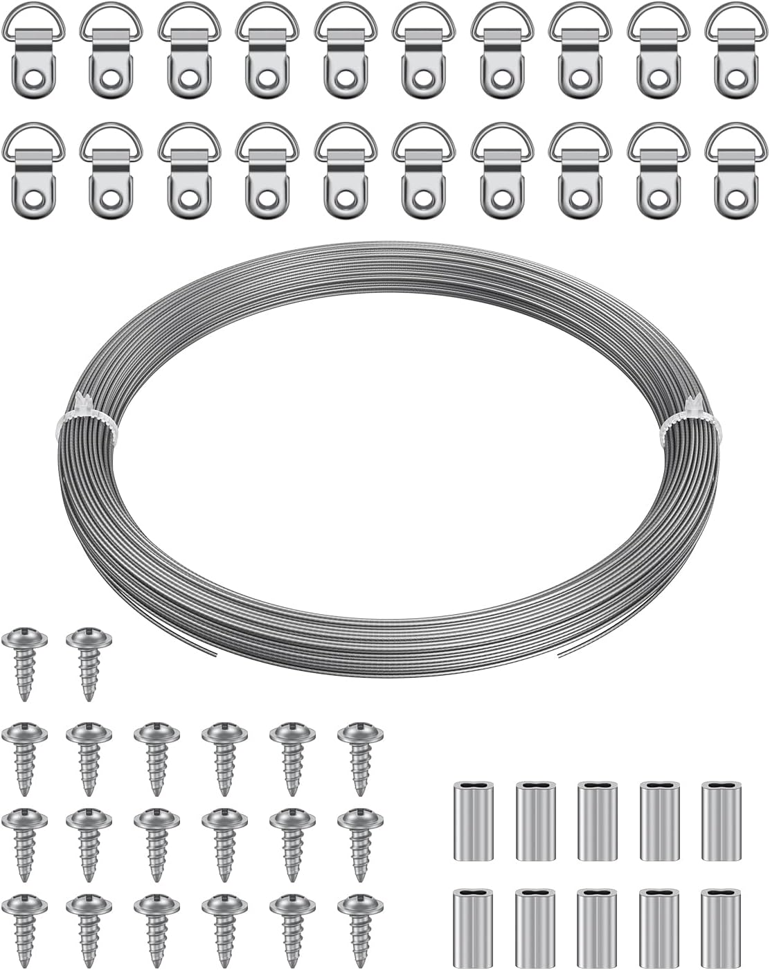 Uniclife Picture Hanging Wire, 100 Feet 1/32" Picture Wire Kit with D-Ring Hangers, Stainless Steel Rope for up to 110 lbs, Trellis Line Cable for Photo Frames and String Lights