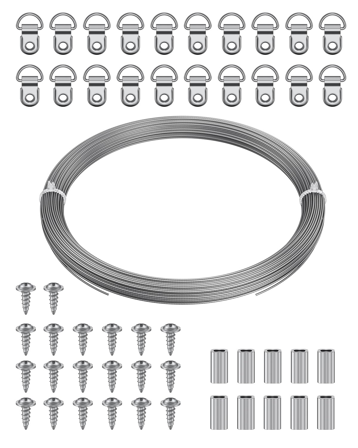 Uniclife Picture Hanging Wire, 30 m x 1 mm, Picture Wire Kit with D-Ring Hangers, Stainless Steel Wires Rope for up to 50 kg