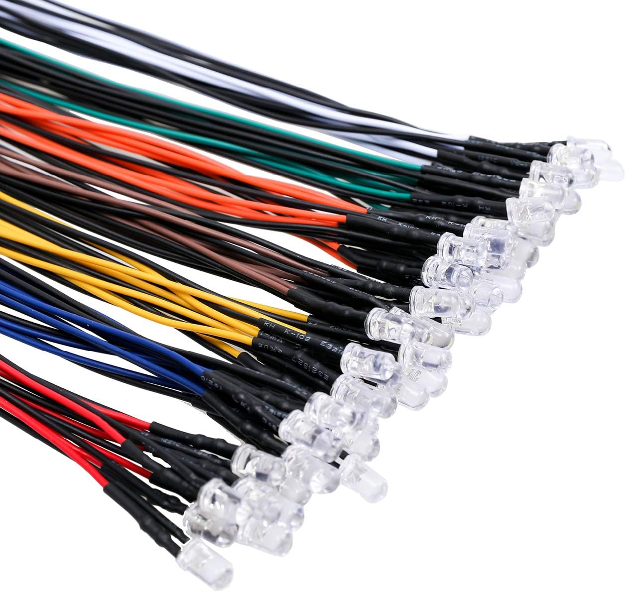 56pcs (7 Colors x 8pcs) 12 Volt LED Lights Emitting Diodes Pre Wired DC 12v 5mm LED Assorted Kit Clear Lens- White Warm-White Red Yellow Green Blue Orange Small LED Lamps