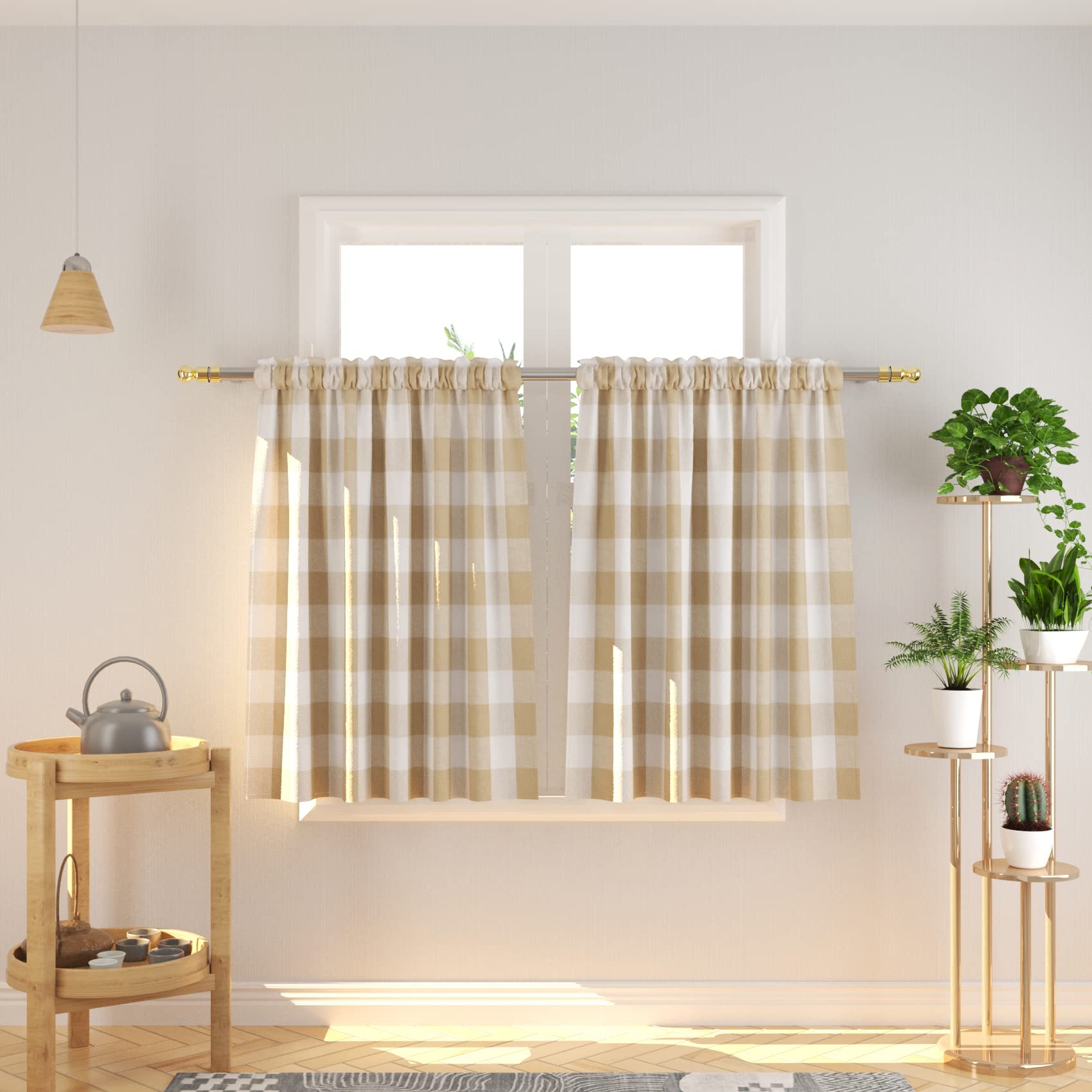 Buffalo Check Kitchen Tiers 36 inches Long Plaid Gingham Rod Pocket Classic Cafe Country Farmhouse Kitchen Half Window Curtains 2 Panels Beige White the beige check uder sunlight may show like yellow — image 1