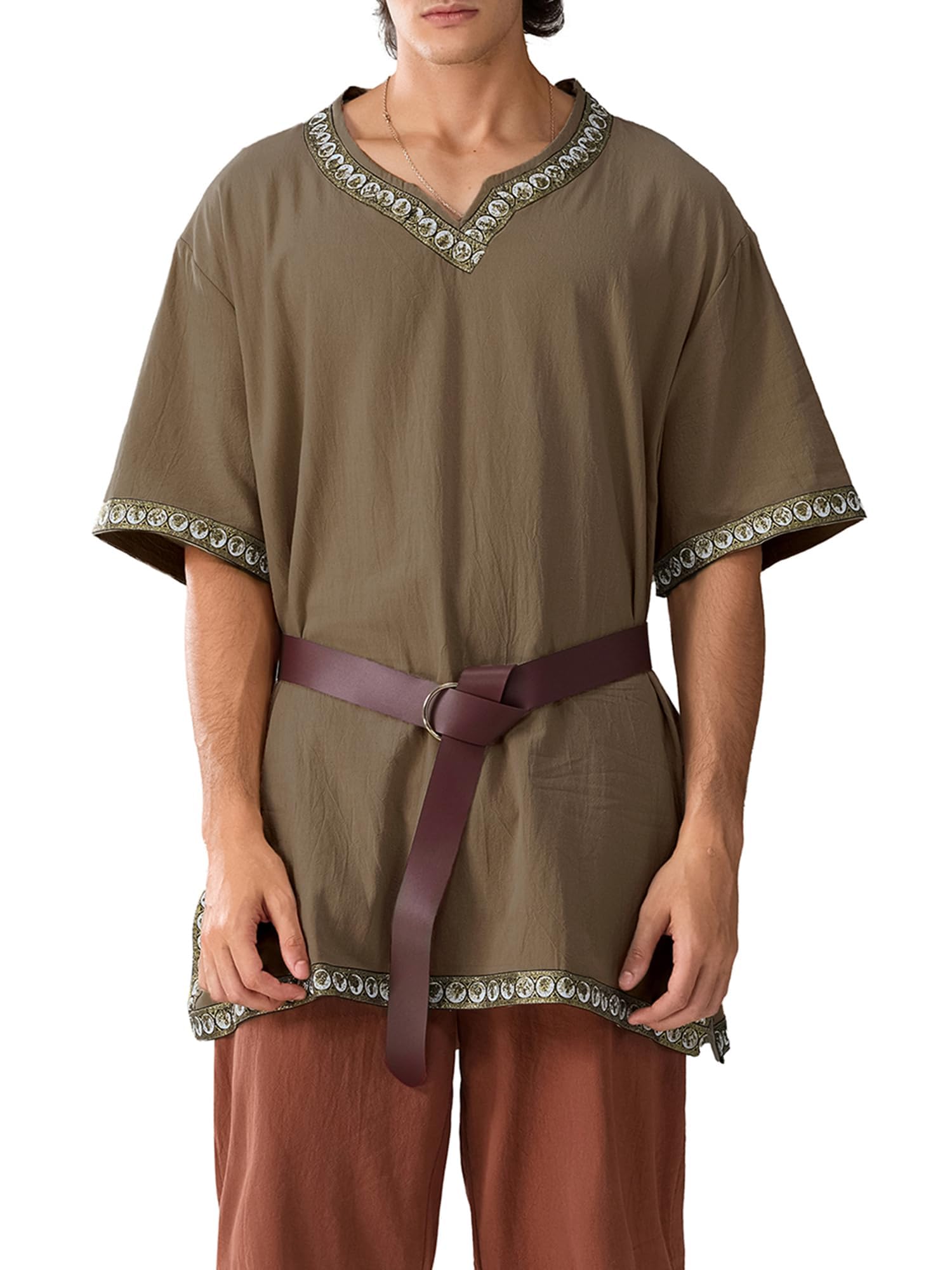 ensswliz Men Medieval Costume Renaissance Templar Tunic Viking Knight Pirate Vintage Warrior Halloween Cosplay Party Tops No Belt (A-Coffee, M) — image 1