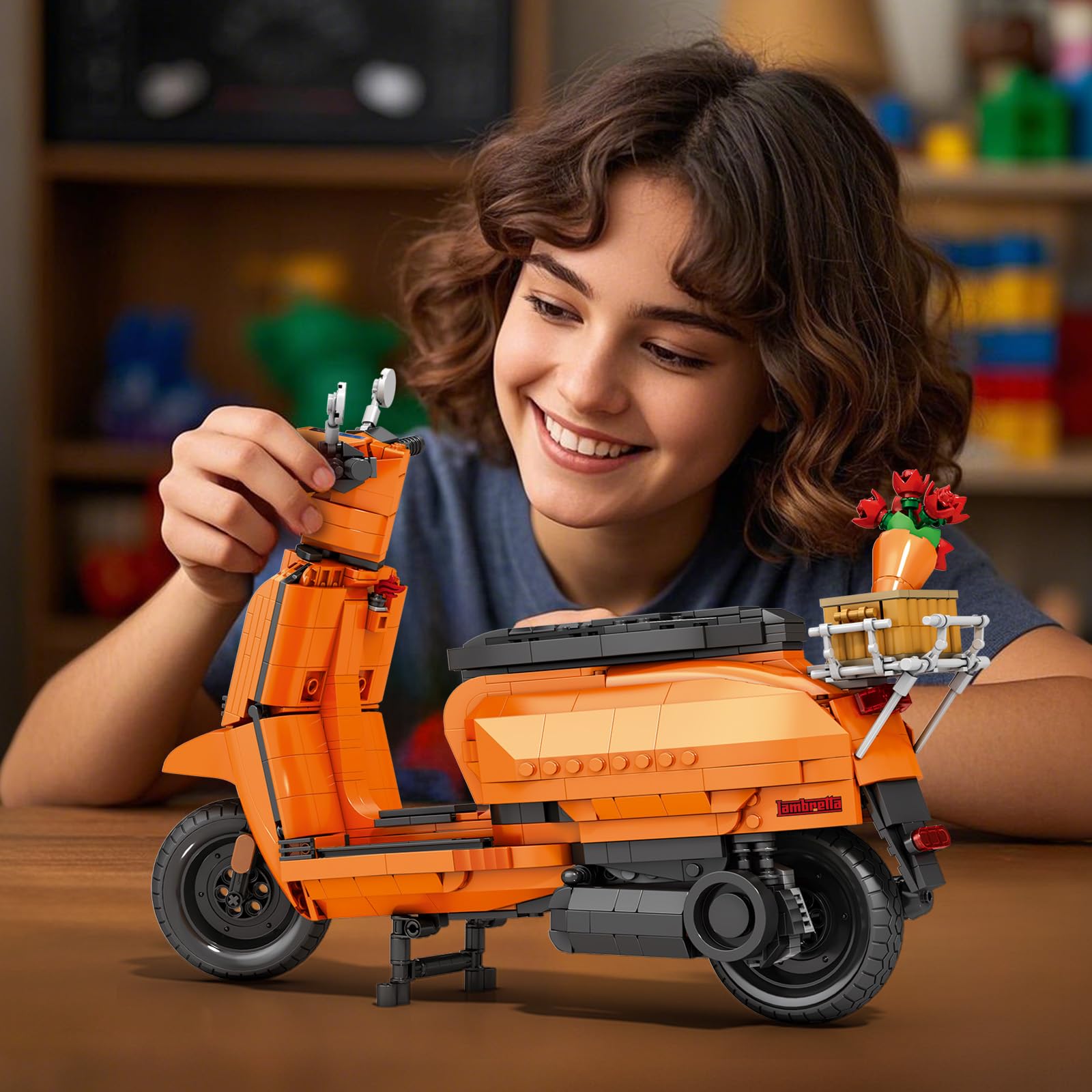 Reobrix Technisches Motorrad-Baustein-Spielzeug mit Korb-Bouquet-Ständer, Maßstab 1:5, V200 Motorrad-Stein-Modell-Set, 11036 Sammlungsfahrzeug, Heimdekoration, Geschenke für Erwachsene, Jungen,