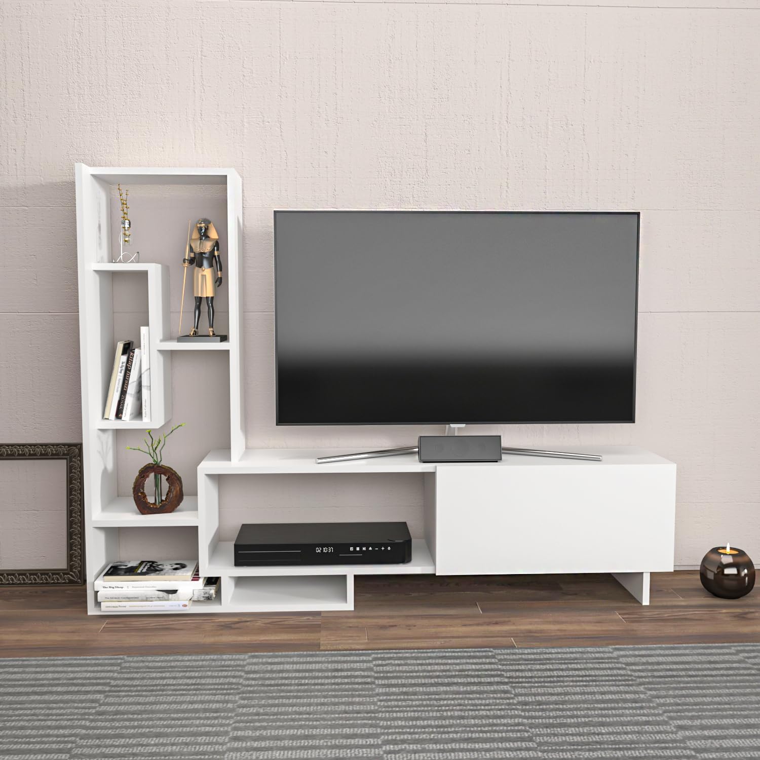Decorotika Pegai Modern White TV Stand with Storage Shelves for Living Room, Bedroom, Entertainment TV Unit for TVs Up to 55 inch - White