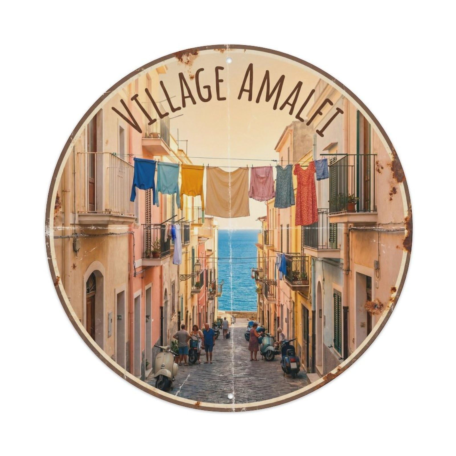 Retro Italy Seaside Coastal Laundry Village Travel Panorama Metal Tin Sign Plaque Wall Decor for Cafe, Man Cave, Club Bar, Office, Home Garden Round Metal Poster 8x8Inch