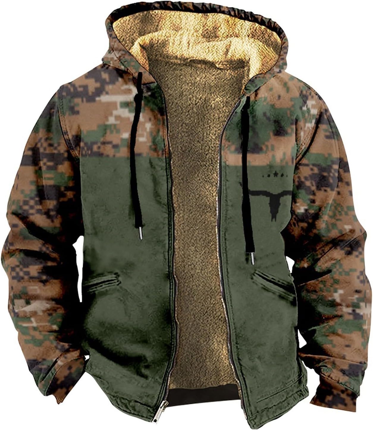 Mens Sherpa Lined Jacket Camo Thick Fleece Hoodie Fall Winter Long Sleeve Zip Up Hooded Jackets Warm Coat