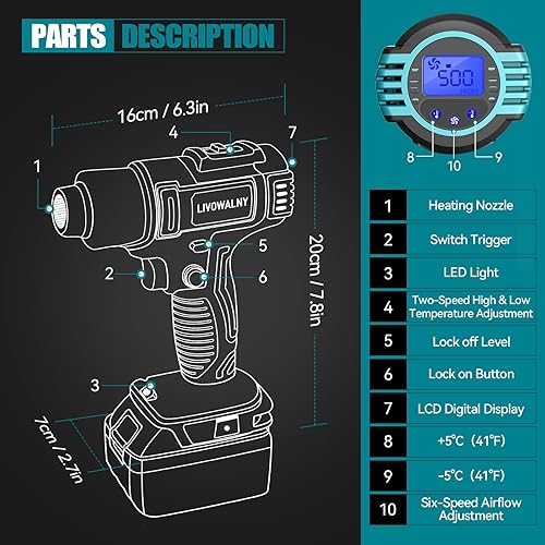 Miniatura 2 de LIVOWALNY Pistola de calor inalámbrica para batería Makita de 18 V, pistola de calor inalámbrica, pistola termorretráctil, kit de pistola de aire