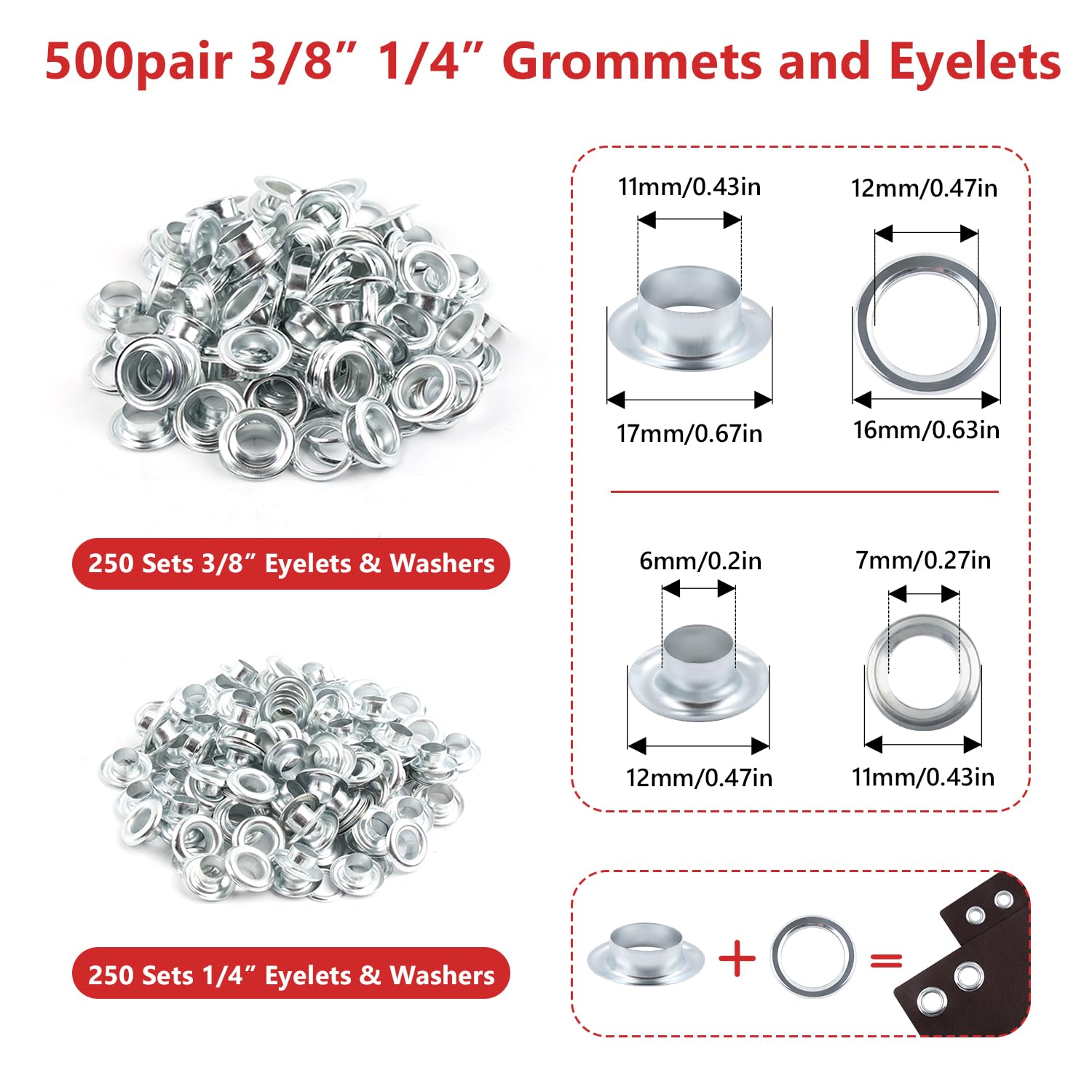 Newdeli Kit de herramientas de ojales: alicates de ojales de mano de 3/8 pulgadas con troquel de ojal intercambiable de 1/4 pulgadas y 500 pares de ojales y ojales de metal de 3/8 pulgadas y 1/4